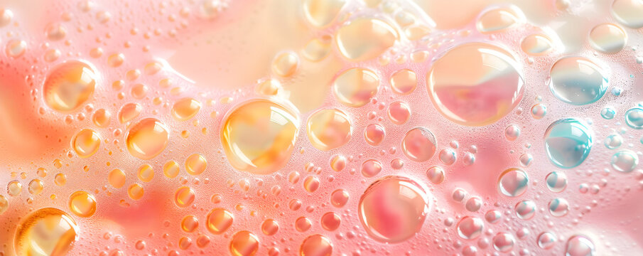 Macro photo of bubbles in water. Colorful background with foam made of soap, shampoo, lotion, detergent. Banner with copy space for laundry and cleaning services, beauty, skin care, spa, concept.