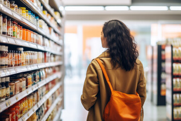 Young woman shopping for groceries, standing in front of a shelf full of jars