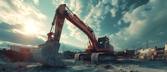Bright yellow construction excavator at work on building site - obrazy, fototapety, plakaty
