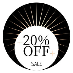 20% off sale written on a white circle with two stars and, in the background, sunshine and a black circle.