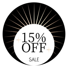 15% off sale written on a white circle with two stars and, in the background, sunshine and a black circle.