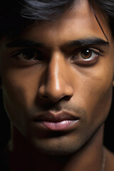 Close-up portrait of a young man with intense gaze on a dark background