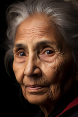 Portrait of a serene elderly woman with a thoughtful expression and white hair