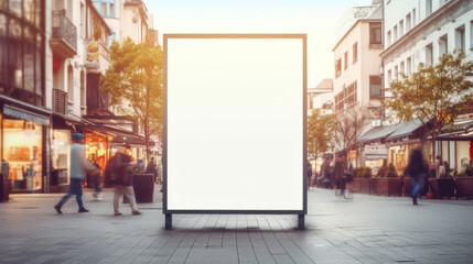 Empty billboard in a busy pedestrian street at sunset