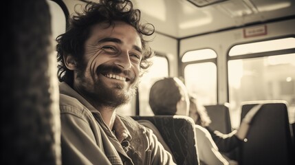 Fototapeta na wymiar Photograph of smiling happy man sitting in bus. Public transport happy people concept.
