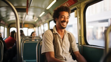 Naklejka premium Photograph of smiling happy man sitting in bus. Public transport happy people concept.