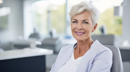 Fototapeta premium Happy elderly woman enjoying her beautiful toothy smile looking to the mirror in the dental office.
