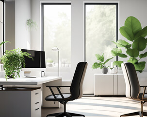 modern office interior, Gleaming white workstations, each equipped with ergonomic chairs, bask in the warm glow of natural light streaming through expansive windows. 