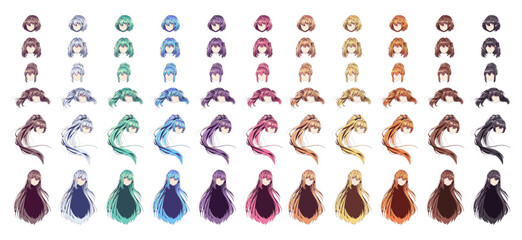 Anime character hairstyles color vector illustration set. Japanese manga multicolor wigs on white background. Design element of comics
