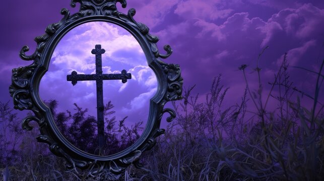 ash wednesday mirror with purple cross reflection with purple sky and clouds