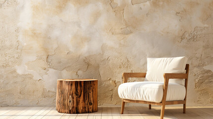 Fototapeta na wymiar Fabric lounge chair and wood stump side table against beige stucco wall with copy space. Rustic minimalist home interior design of modern living room