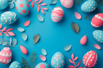 Fototapeta na wymiar Blue and pink Easter Eggs on sky blue Background with copy space. 