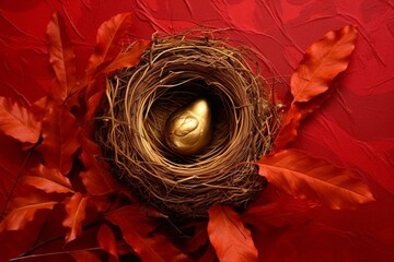 A nest with a red egg and leaves on a red background with golden leaves. Generative AI