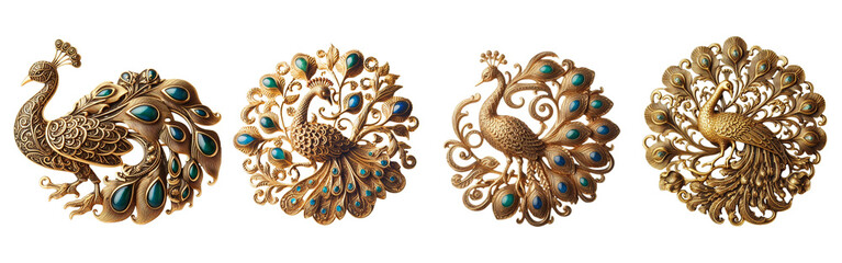 4 Old fashioned peacock brooch made of gold with intricate design set against a transparent background - obrazy, fototapety, plakaty