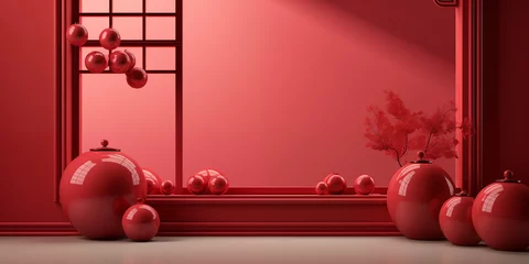 Rolgordijnen Chinese new year festive minimalist background, on a red background a paper lantern decoration with a decor piece on table and branches on back wall with copy space © Ammar Anwar 