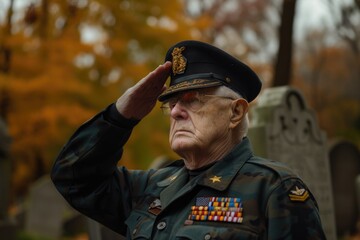 Elderly American war veterans paying tribute to fallen comrades at gravesites, a poignant scene evoking the spirit of Veterans Day and Memorial Day. - obrazy, fototapety, plakaty