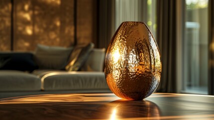 Elegant Interior with Melty Metallic Textured Vase. luxury home decor, featuring a vase with a unique melty metallic texture, elegantly appointed room.