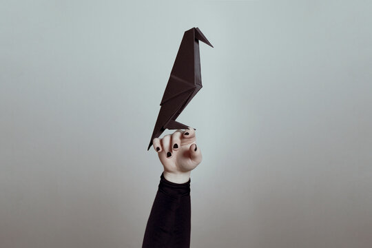 hand holding a paper crow