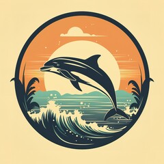 Dolphin emblem, kitschy vintage retro simple on a white background. 