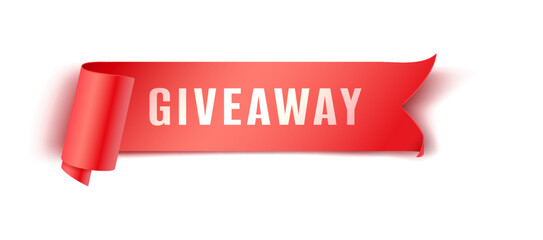 Giveaway ribbon tag realistic vector illustration. Red arrow offering complimentary delivery service banner 3d models on white background