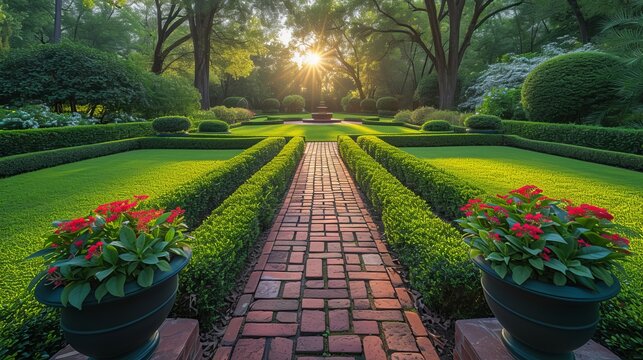 The garden is designed with European flair, class, and tradition and features hedges, symmetry, and a large open green lawn for parties and outdoor activities.