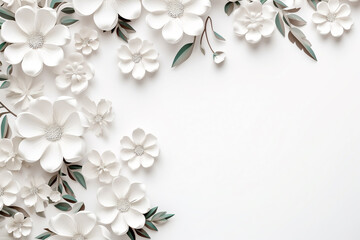 Paper cut flowers and leaves, Fresh spring nature background. Floral banner, poster, flyer template with copy space.