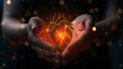 Glowing human heart in hands 