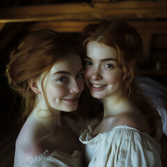 2 Beautiful candid young girls in love, historical image of red hair ginger teenagers. LGBT lesbian love in history. Red cheeks, beauty blushed. They are holding each other close, hugging.