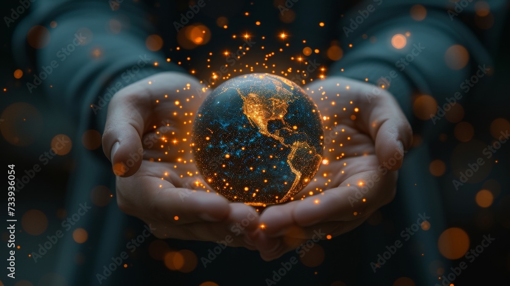 Aufkleber The hand of a businessman holds up the metaverse universe, the night grow earth, and the concept of global online networking with data exchanges and secure global communication networks.