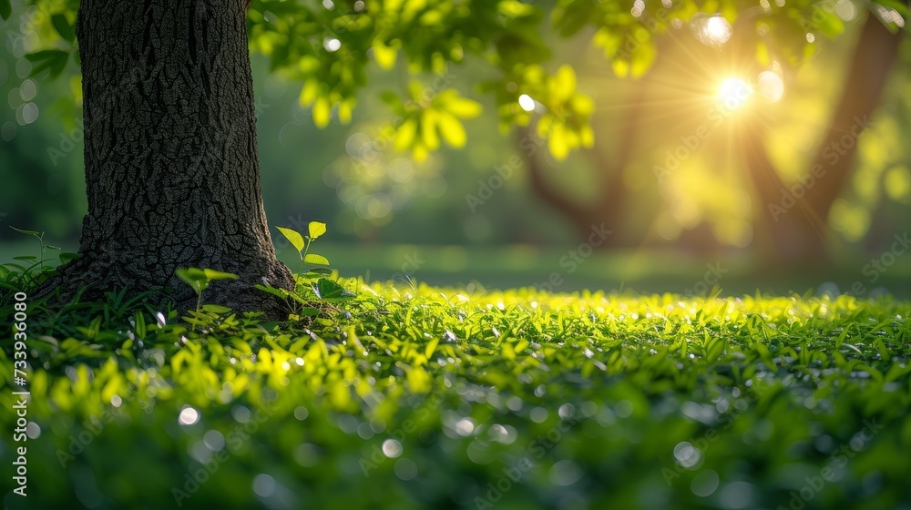 Canvas Prints In summer, blurry green bokeh light surrounds a park garden tree in nature