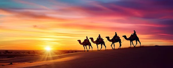 Rolgordijnen Desert landscape at sunset on a sunny afternoon with camels running © diwek
