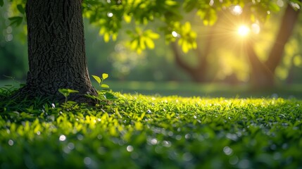 In summer, blurry green bokeh light surrounds a park garden tree in nature