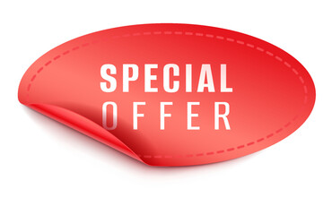 Special Offer red sticker realistic vector illustration. Oval advertising badge banner 3d models on white background. Business deal