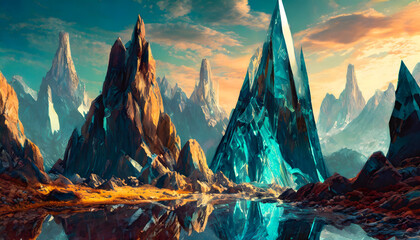 A utopian fantasy mountain range, rocks made of glass