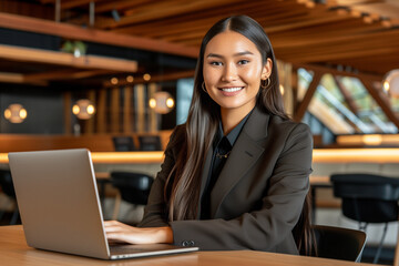 young indigenous business woman portrait sitting at laptop desk in modern office, diversity 