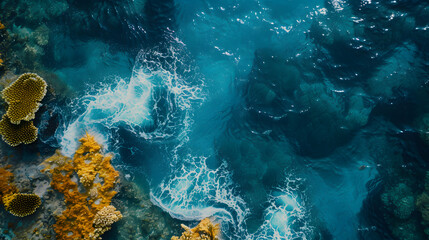 A photo of the Great Barrier Reef from above, with vibrant coral formations as the background, during midday sunlight
