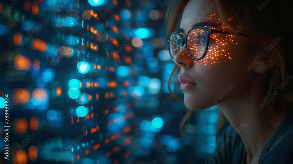 Poster Data analytics, digital technology, night overlay, hologram of coding and woman on tablet trying to comprehend hologram of software. Programmer in glasses on 3D screen, researching cybersecurity and
