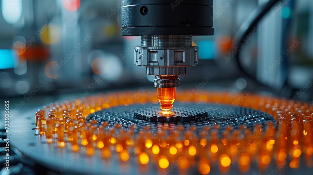 Fototapete In this close-up, silicon die are being removed from semiconductor wafers and attached to substrates by means of a pick-and-place machine. Part of the semiconductor packaging process.