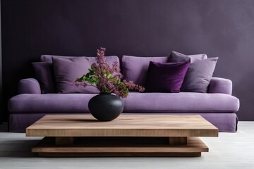 Minimal living room with wooden coffee table near sofa close-up. Interior in trendy violet colors