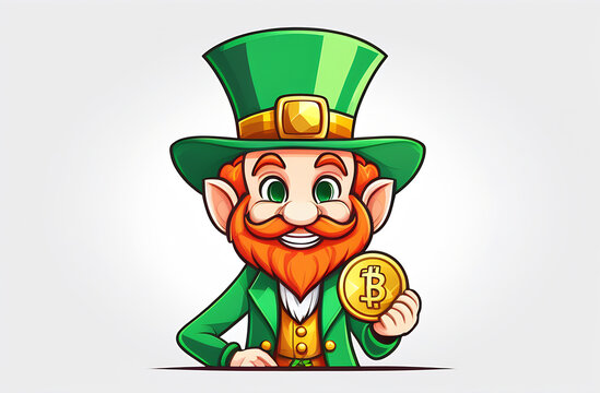 Leprechaun in a green costume with hat holding a golden coin bitcoin. St. Patricks Day
