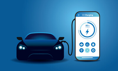 Electric car and Smart app. EV charger station application on mobile phone. Eps 10 file