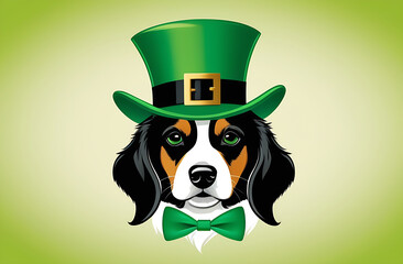 Dog in a leprechaun hat on a green background. St. Patrick's Day