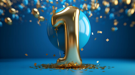 Number 1 gold and blue balloon with confetti. 3D Render