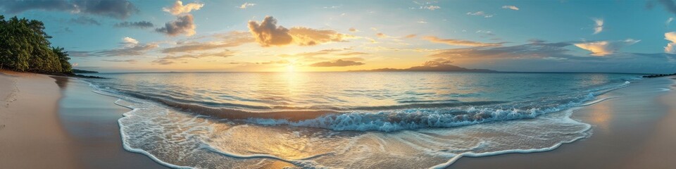 Tropical island sunrise panorama,  with the first light touching the sandy shores - obrazy, fototapety, plakaty
