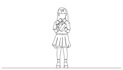 continuous line drawing of a little girl standing with heart shaped chocolates on valentine's day, isolated valentine's day celebration concept