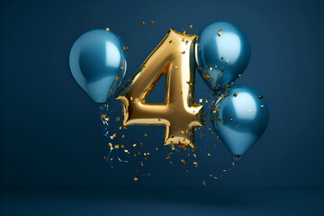 Number 4 gold and blue balloons with confetti. 3D Render