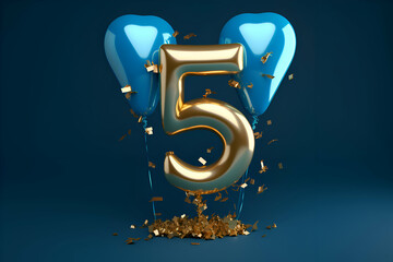 Number 5 gold metallic balloon with blue confetti. 3D Render