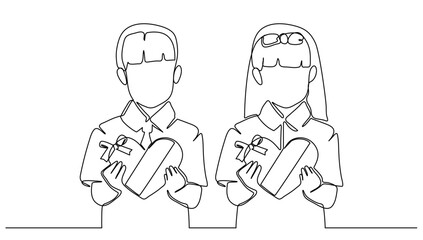 Fototapeta premium continuous line drawing of two little boys and a girl carrying heart-shaped chocolates on Valentine's Day, Valentine's Day celebration concept, vector illustration 