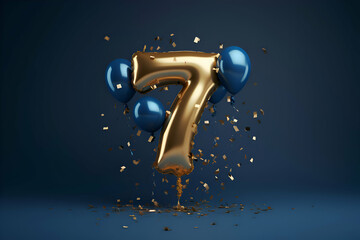 Number 7 gold balloon with blue and golden confetti. 3D Render