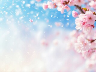Cherry Blossom Petals Falling in Spring Breeze. Delicate cherry blossom petals drift in a gentle spring breeze against a soft blue sky, creating an enchanting scene of renewal.